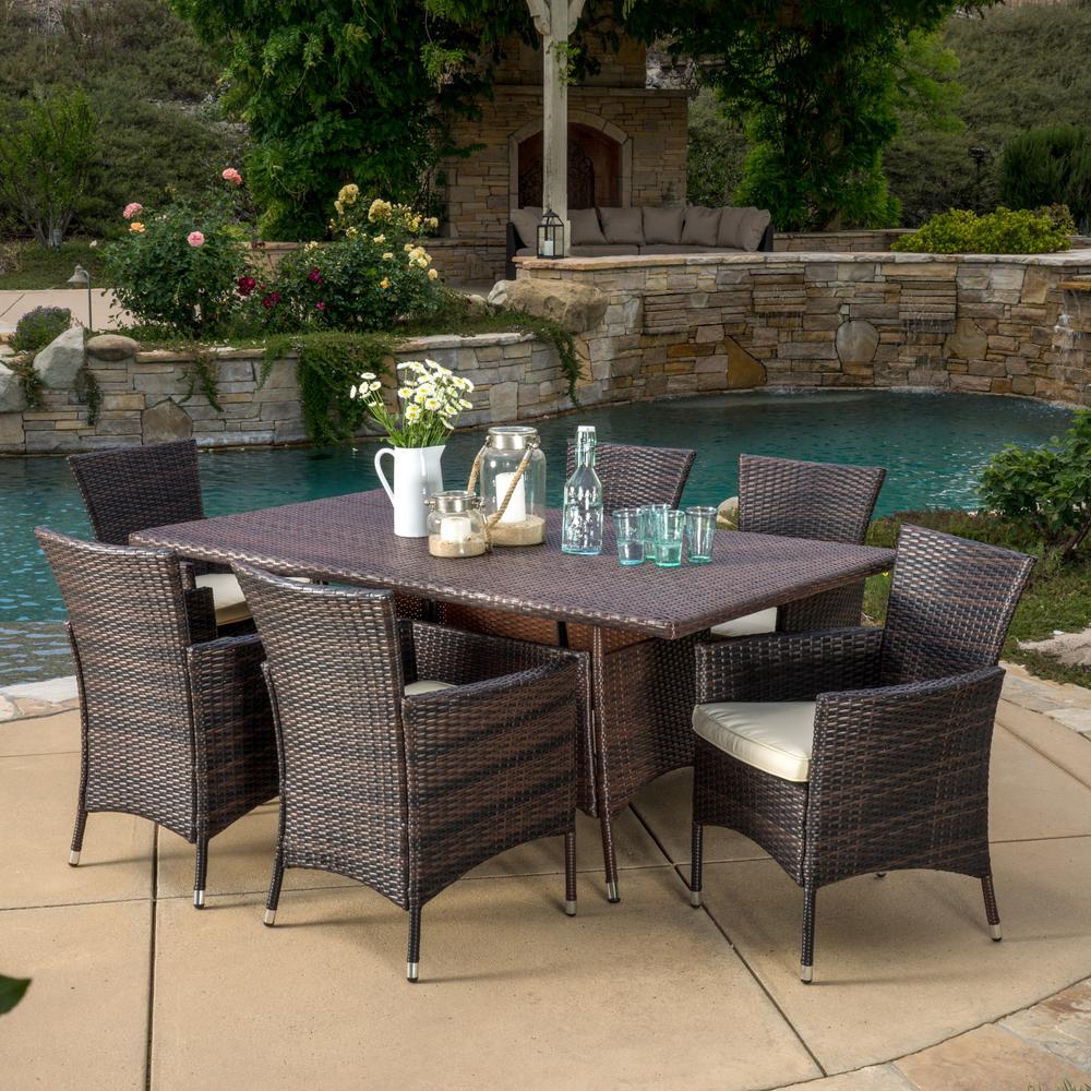 Noble House Jennifer Multi Brown 7 Piece Wicker Outdoor Dining Set 295851 The Home Depot