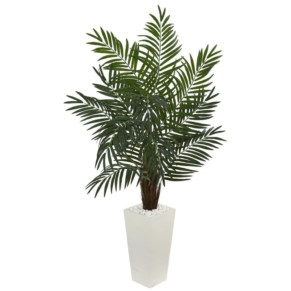 Nearly Natural 5 In Areca Artificial Palm Tree White Tower Areca Artificial Palm Tree In White Tower Planter 5871 The Home Depot