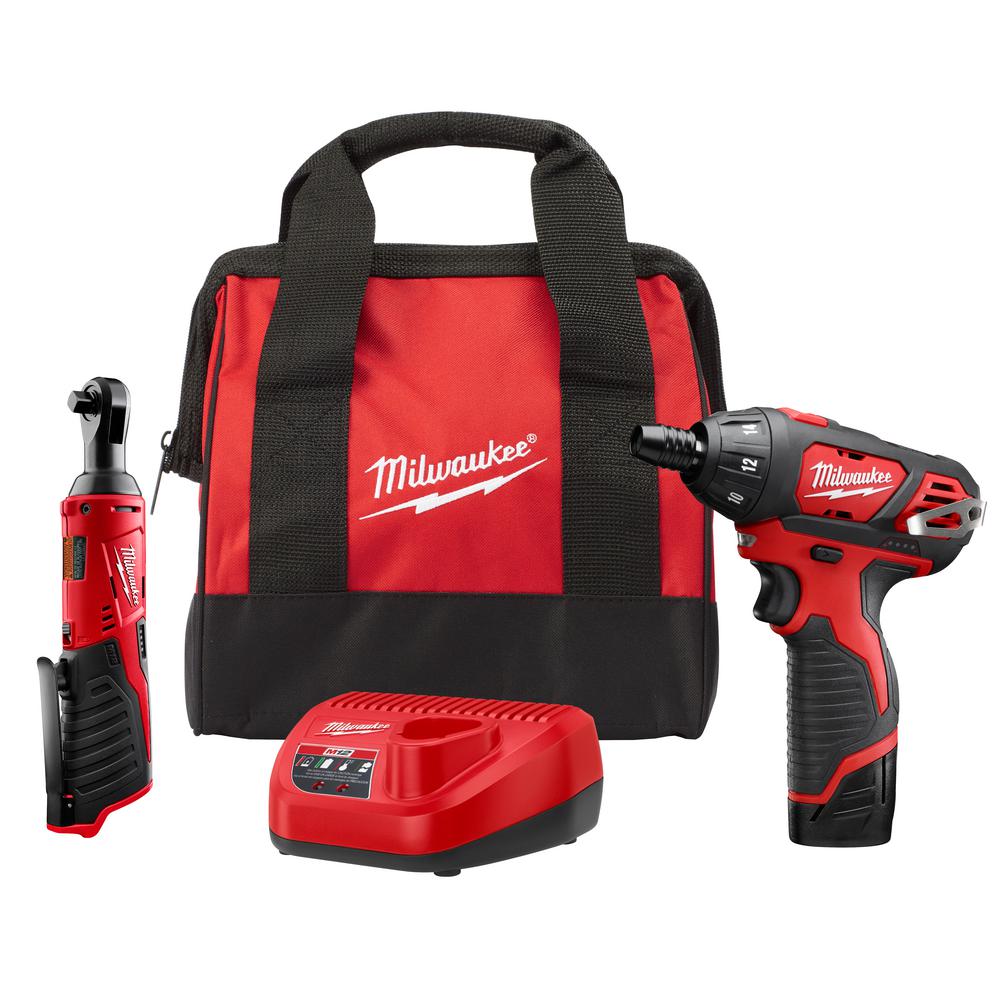 Milwaukee M12 12-Volt Lithium-Ion Cordless 3/8 in. Ratchet and Screwdriver Combo Kit (2-Tool) with Battery, Charger, Tool Bag