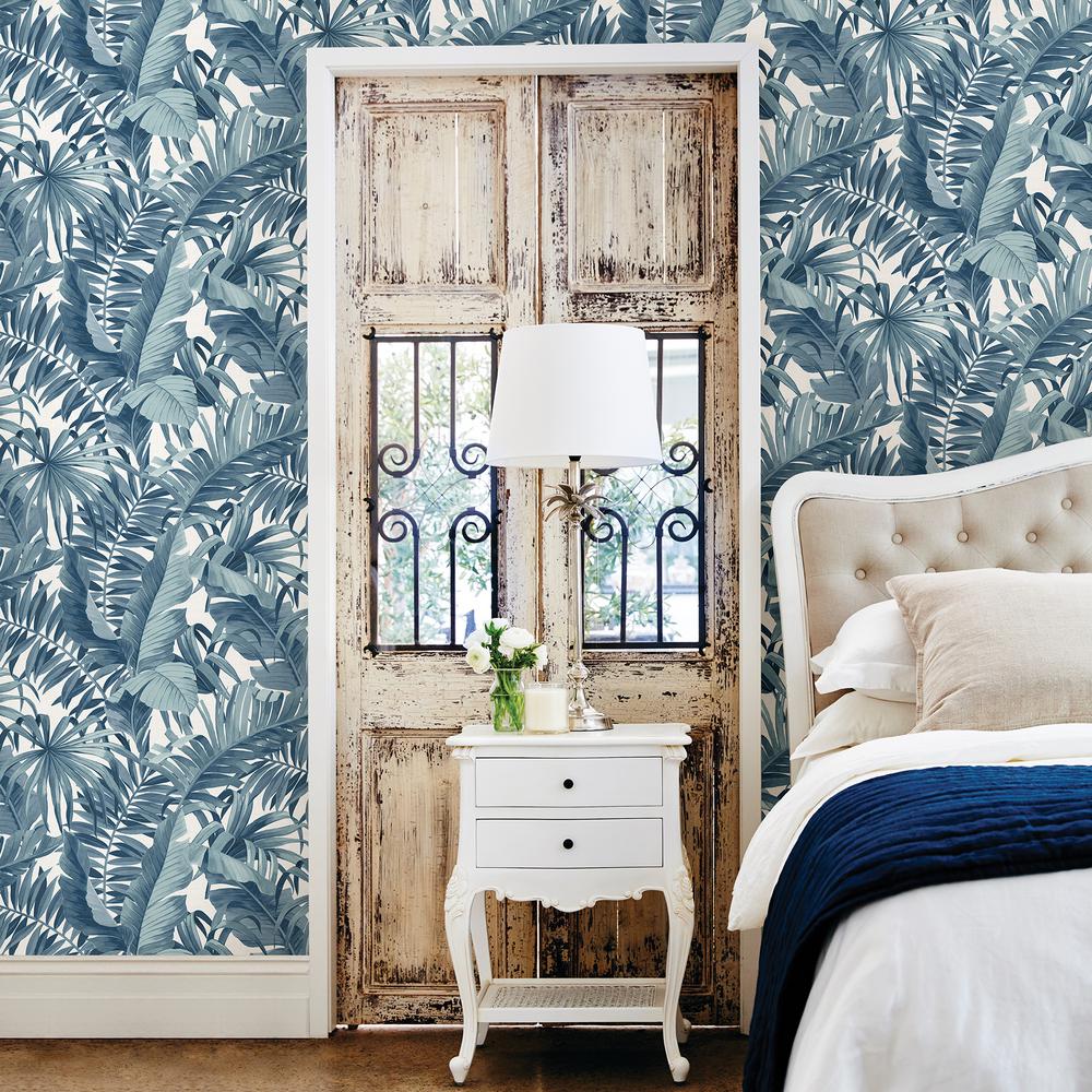 Alfresco Navy Palm Leaf Wallpaper Sample