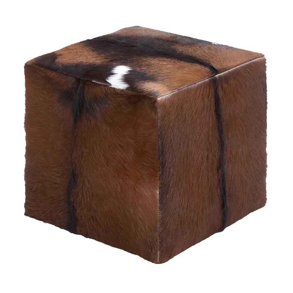 Goat Skin Covered Wooden Cube Stool