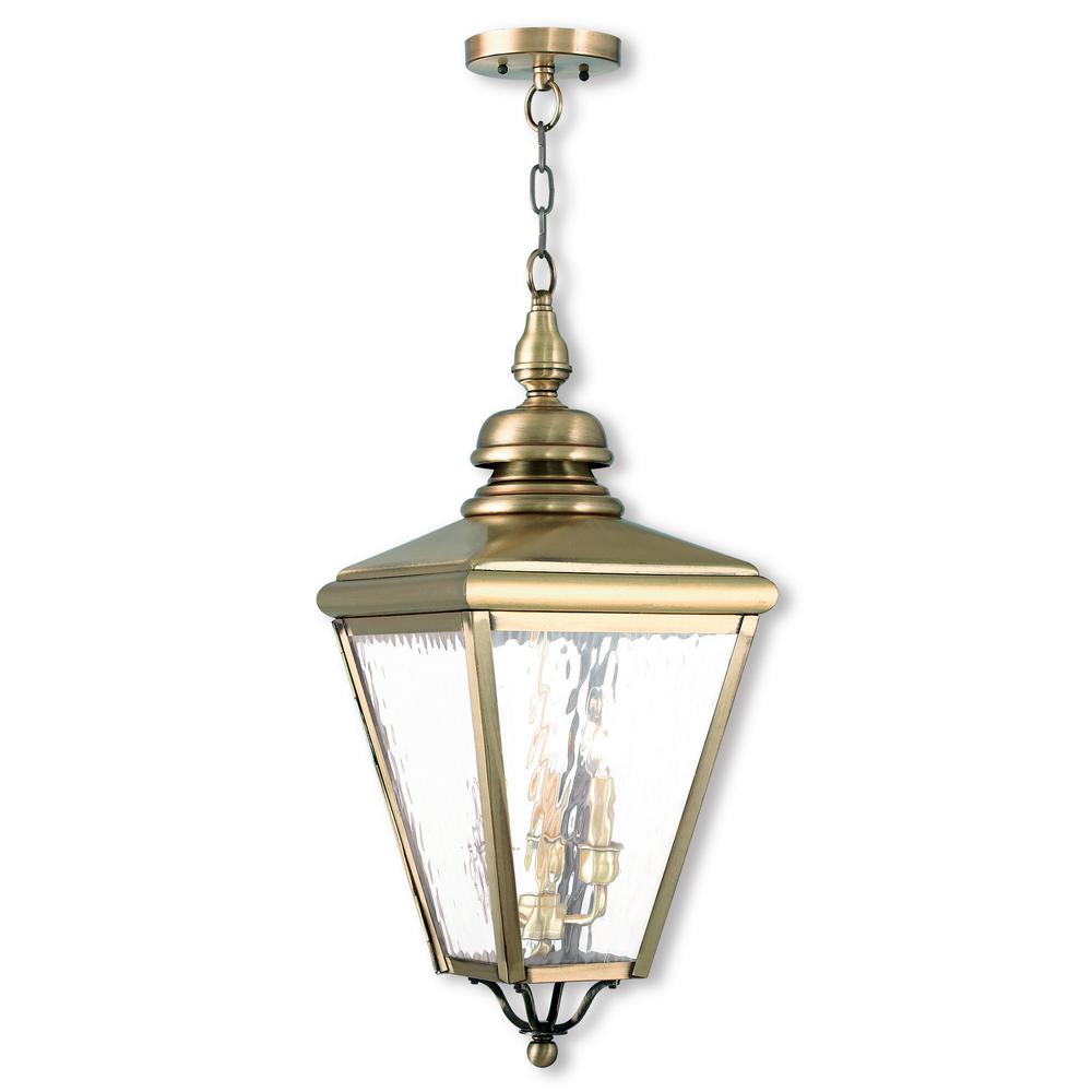 Brass Gold Livex Lighting Outdoor Lanterns Ceiling Cambridge Antique Brass 3 Light Outdoor Hanging Lantern