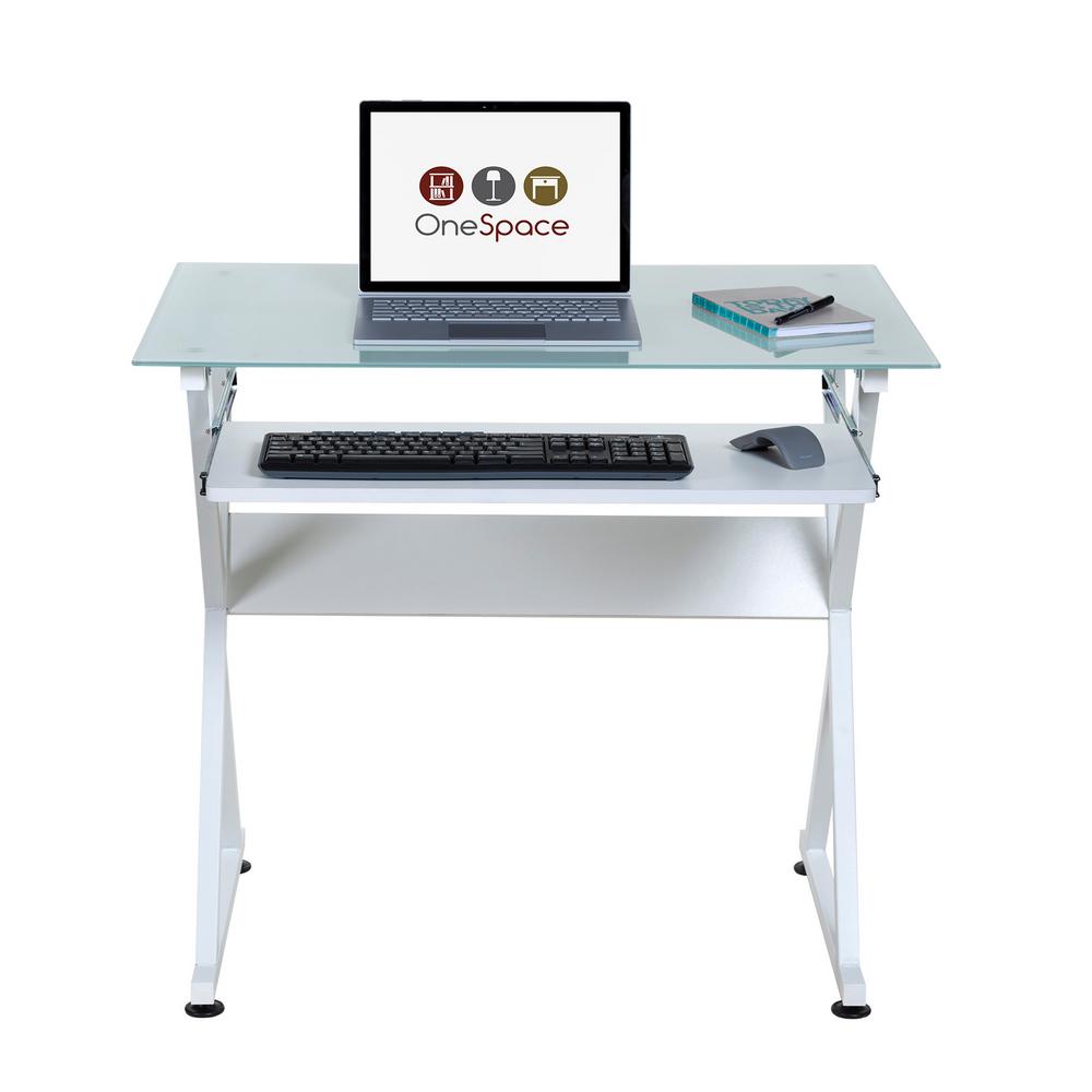Onespace White Ultramodern Glass Computer Desk With Pull Out