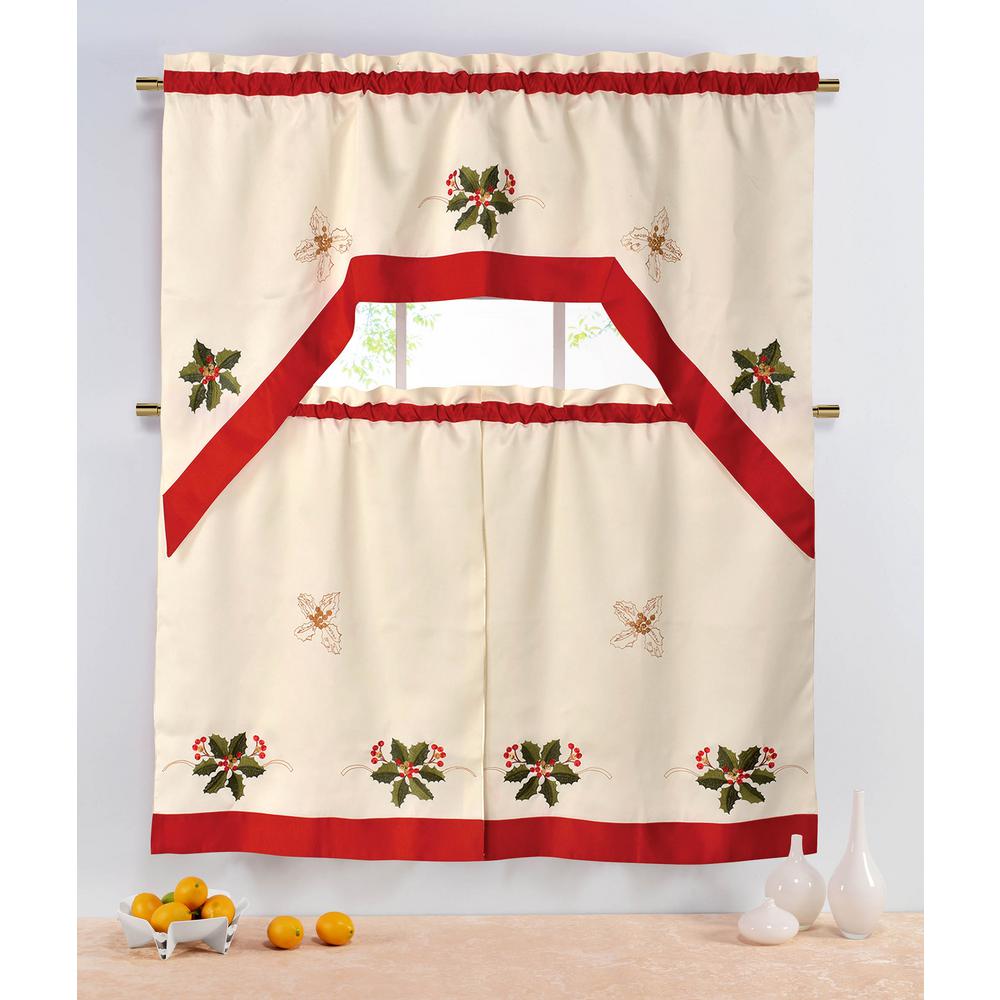 Chi Sheer Holiday Holly Berries Embroidered Sheer 72 In L 3 Piece