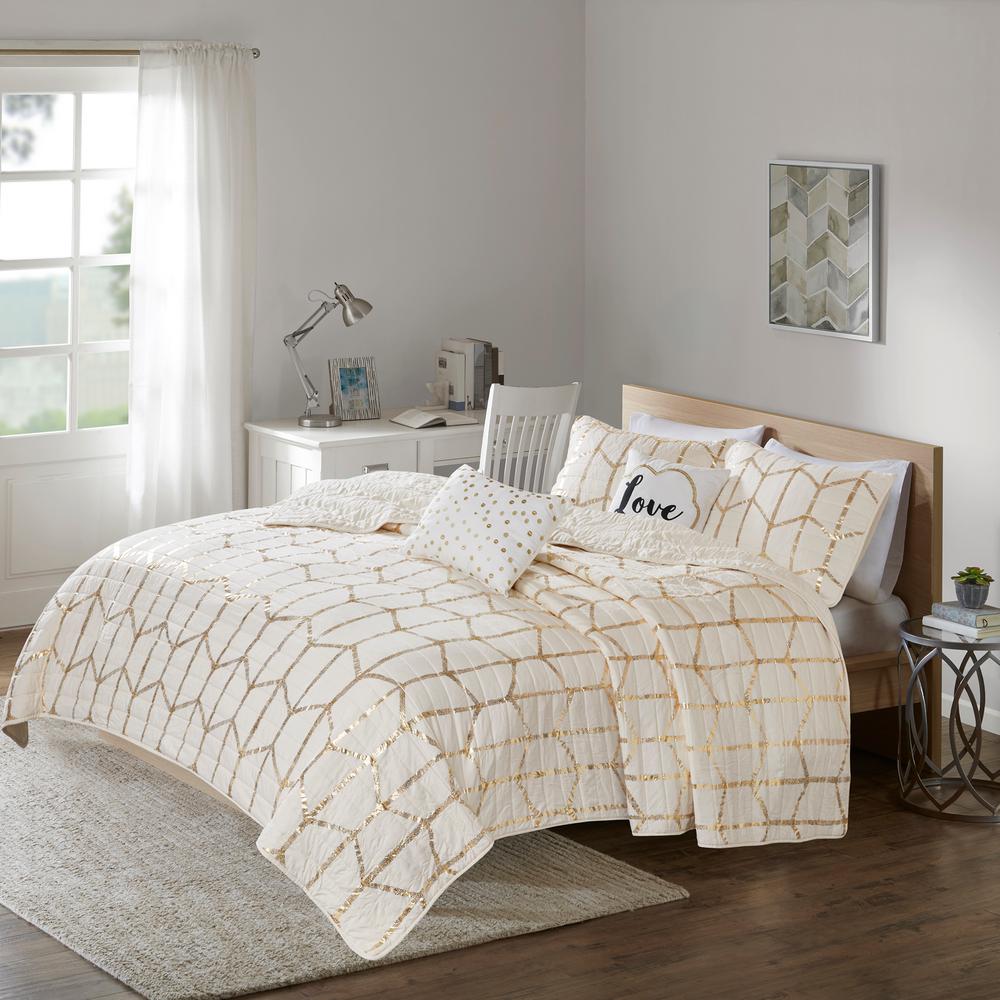 Intelligent Design Khloe 5 Piece Ivory Gold King California Intelligent Design Khloe 5 Piece Ivory Gold King California Geometric Coverlet Set