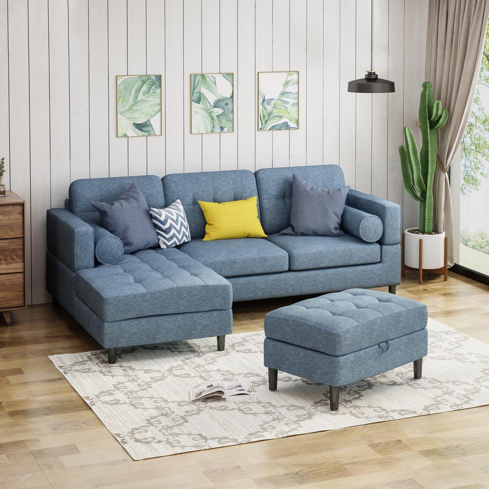 Noble House Florentia 3Piece Navy Blue Tweed Sectional Sofa and Ottoman Set 307542 The Home Depot