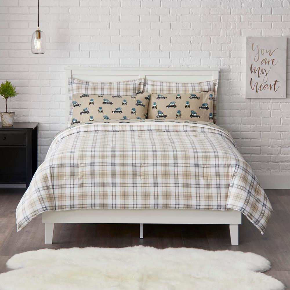 Stylewell 3 Piece King Flannel Comforter Set In Khaki And Stone