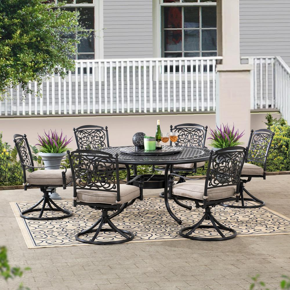 Sunjoy Hobart 7 Pieces Aluminum Round Patio Dining Set With Lazy Susan And Gray Cushion A201013800 The Home Depot