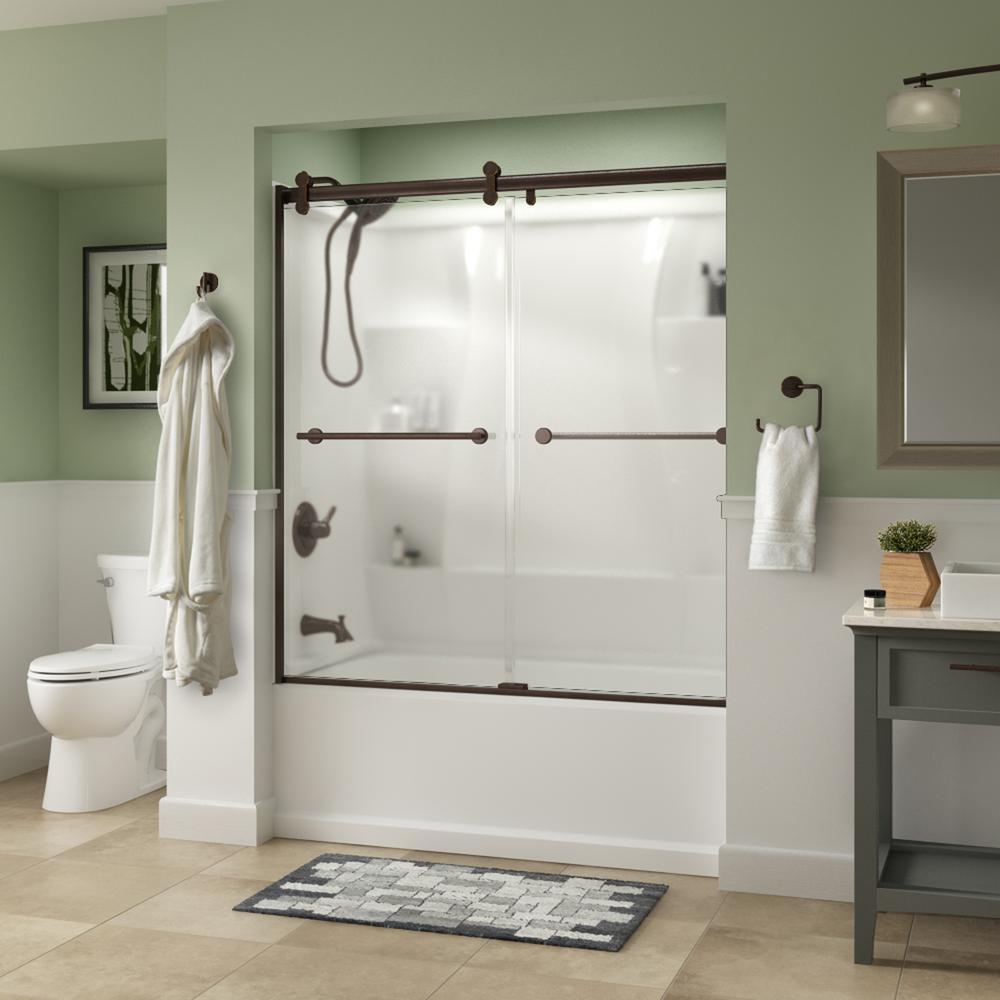Delta Lyndall 60 x 58-3/4 in. Frameless Contemporary Sliding Bathtub Door in Bronze with Niebla Glass was $611.0 now $366.6 (40.0% off)