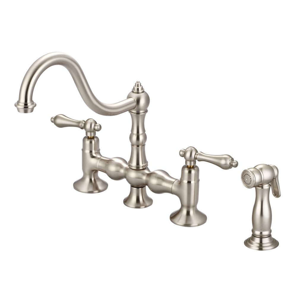 Water Creation 2 Handle Bridge Kitchen Faucet With Plastic Side Sprayer In Brushed Nickel F5 0010 02 Al The Home Depot