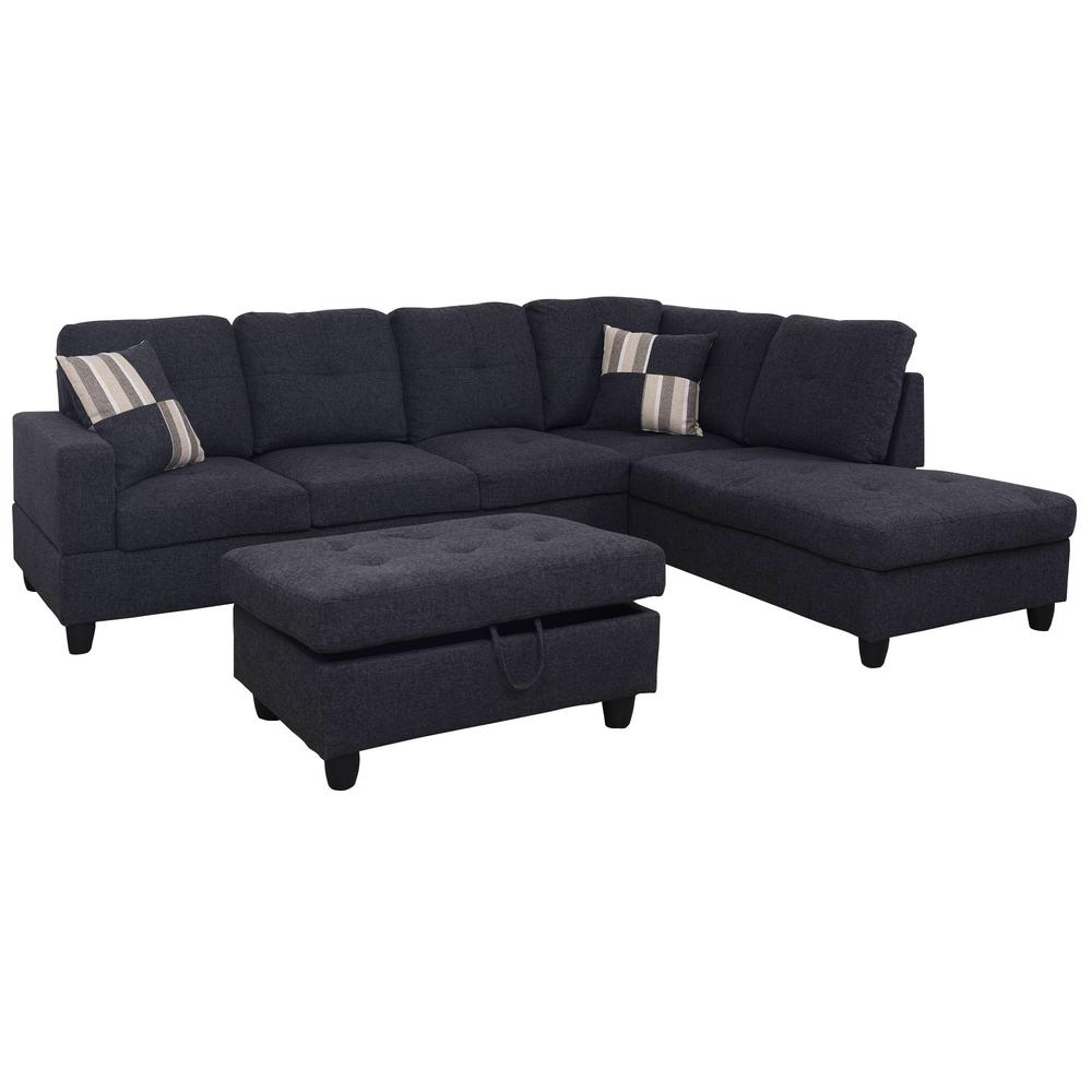 Star Home Living 3 Piece Jet Black, 3 Seat Sectional Sofa With Chaise
