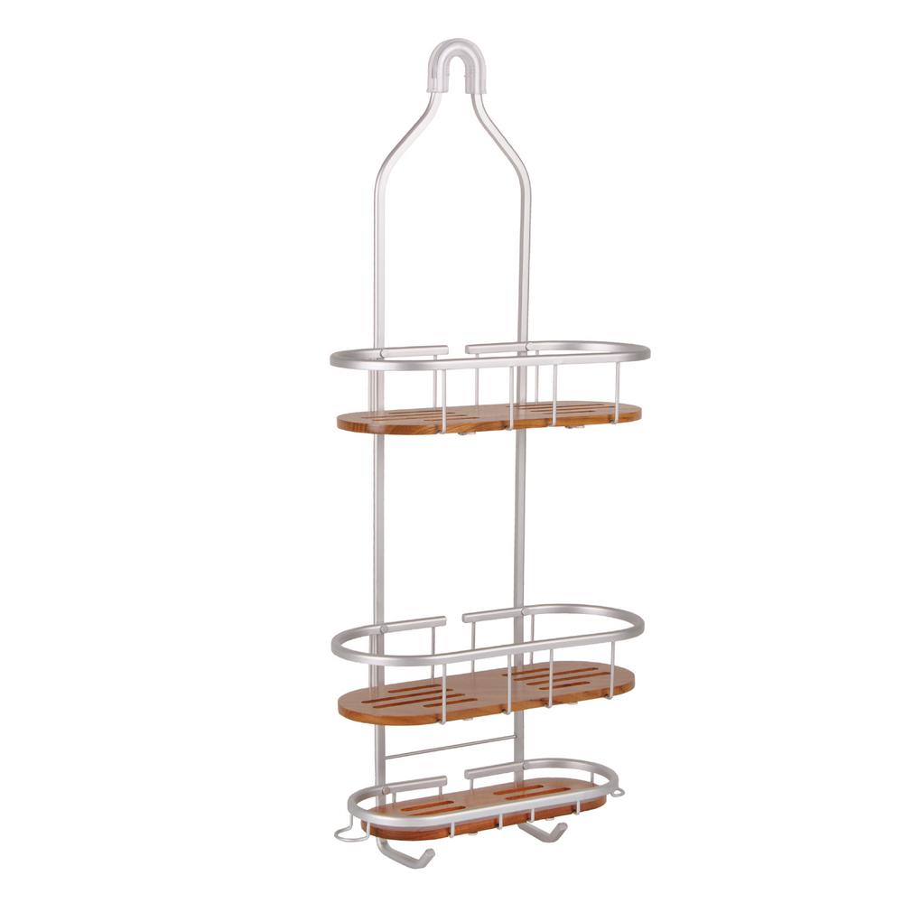Utopia Alley Tia Over The Showerhead Caddy In Rustproof Satin Chrome Finish With 3 Teak Shelves