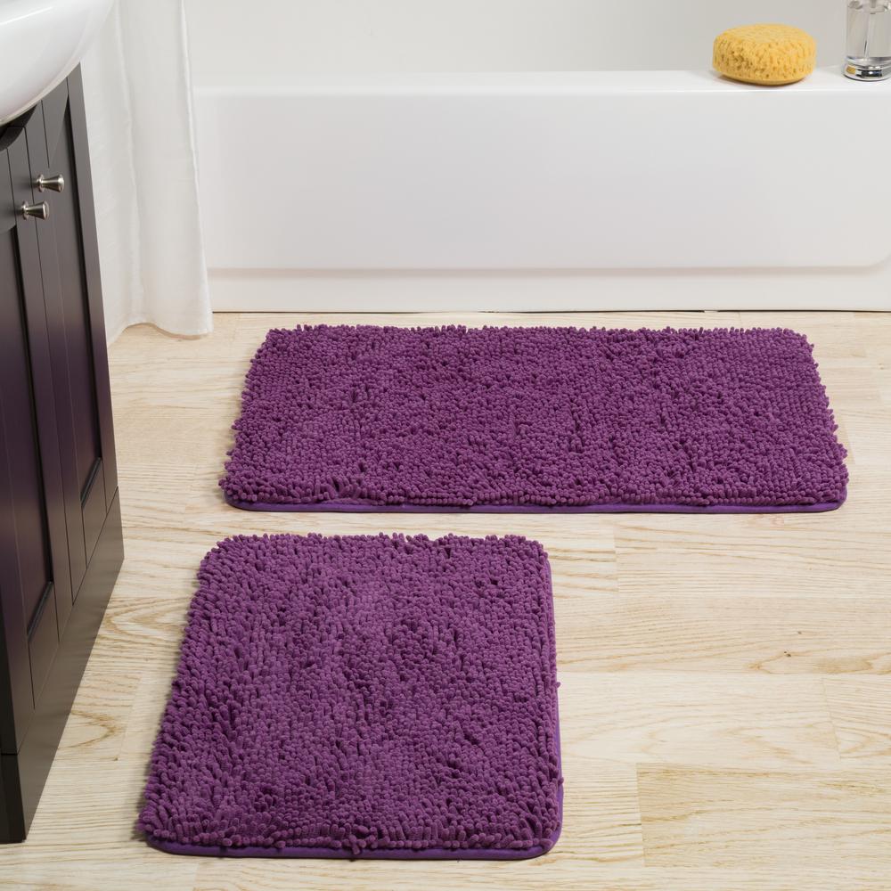 Lavish Home 2 Piece Memory Foam Shag Bath Mat Set In Purple