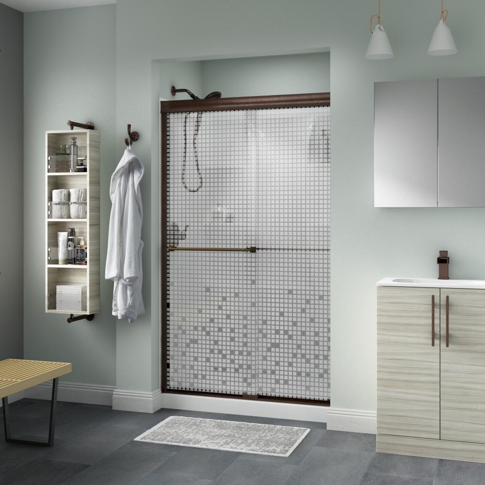 Delta Everly 48 In X 70 Semi Frameless Traditional Sliding Semi Frameless Traditional Sliding Shower Door In Bronze With Mozaic Glass