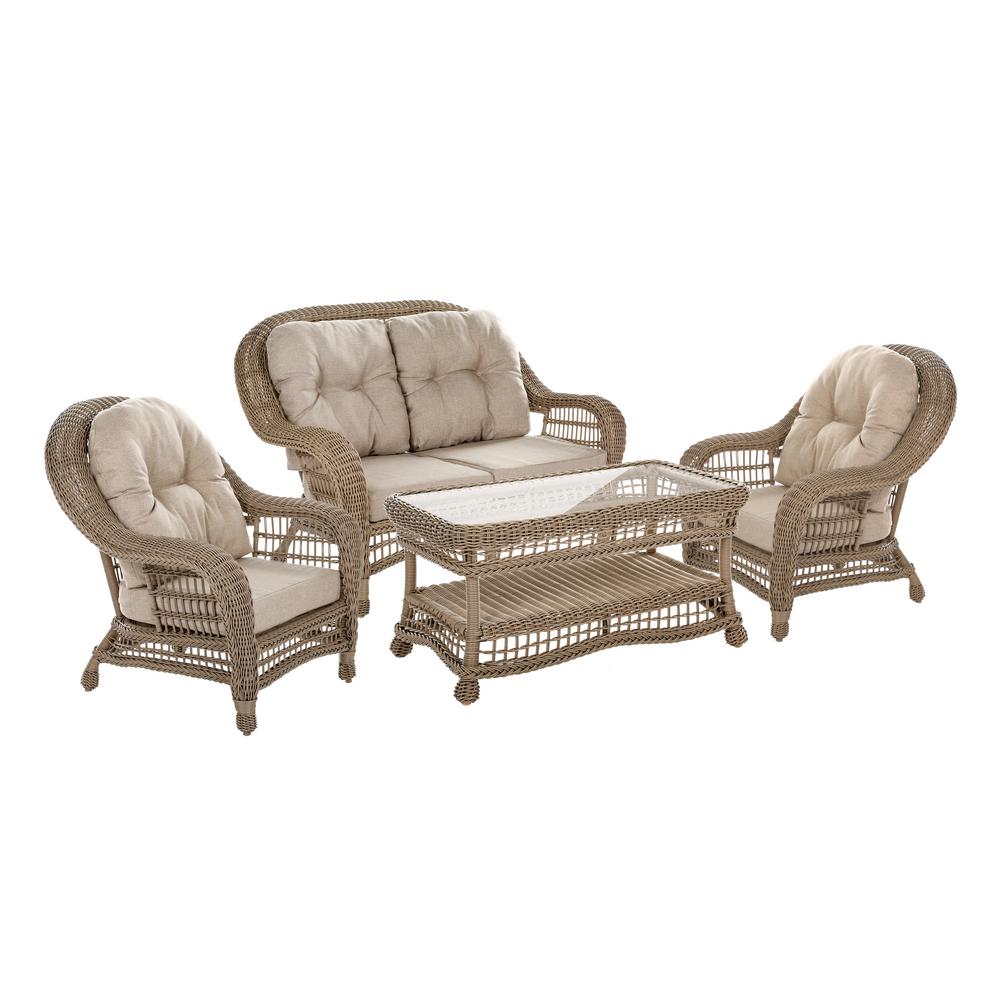 W Unlimited 4 Piece Wicker Patio Conversation Set With Beige Cushions Sw1308set4 The Home Depot