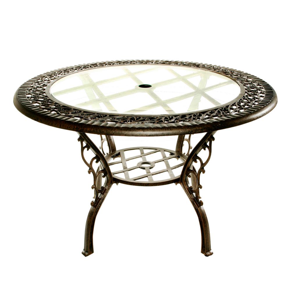 Antique Bronze 48 In Round Iron Patio Dining Table With Tempered Antique Bronze 48 In Round Iron Patio Dining Table With Tempered Glass Top