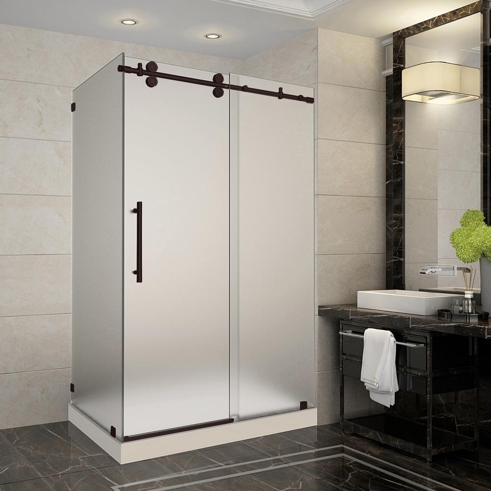 Aston Langham 48 In X 35 In X 77 5 In Frameless Corner Sliding Shower Door With Frosted Glass In Bronze Right Drain