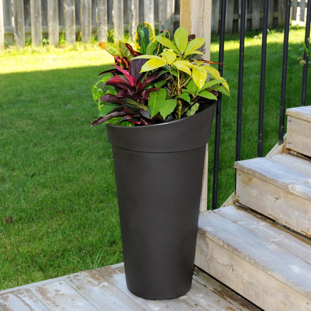 Mayne Creston Espresso Polyethylene Tall Planter Modern Elegant And Minimalist This Sleek Planter Showcases Your Verdant Greens With Robust Panache The Slender Grey Form Is Tapered For Balance
