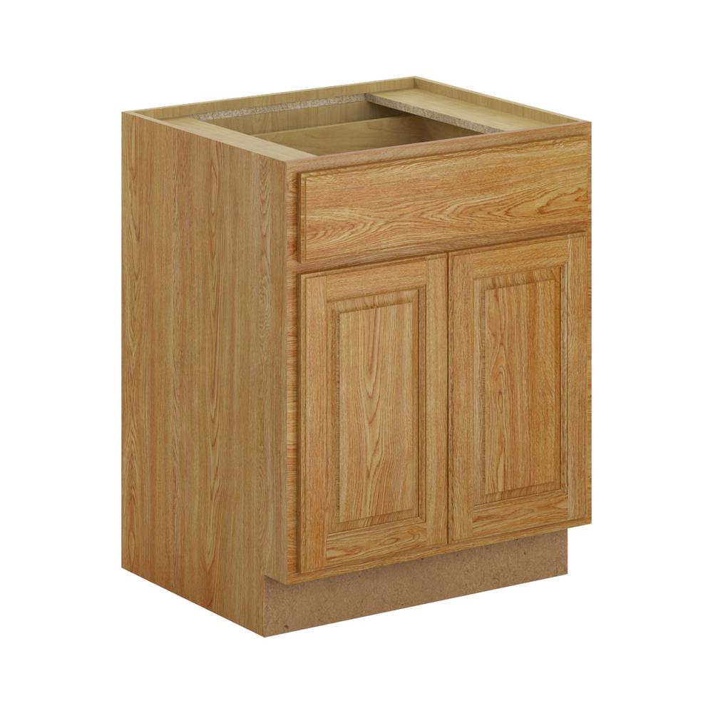 Hampton Bay Madison Assembled 27x34.5x24 in. Base Cabinet with Soft Close Drawer in Medium Oak ...