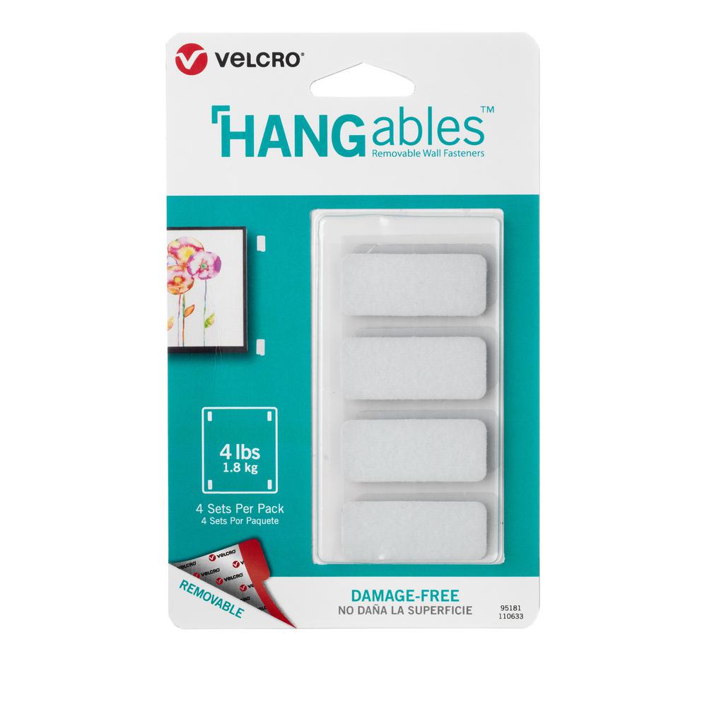 W White 4 pk L x 3//4 in Velcro HANGables Removable Fasteners 1-3//4 in