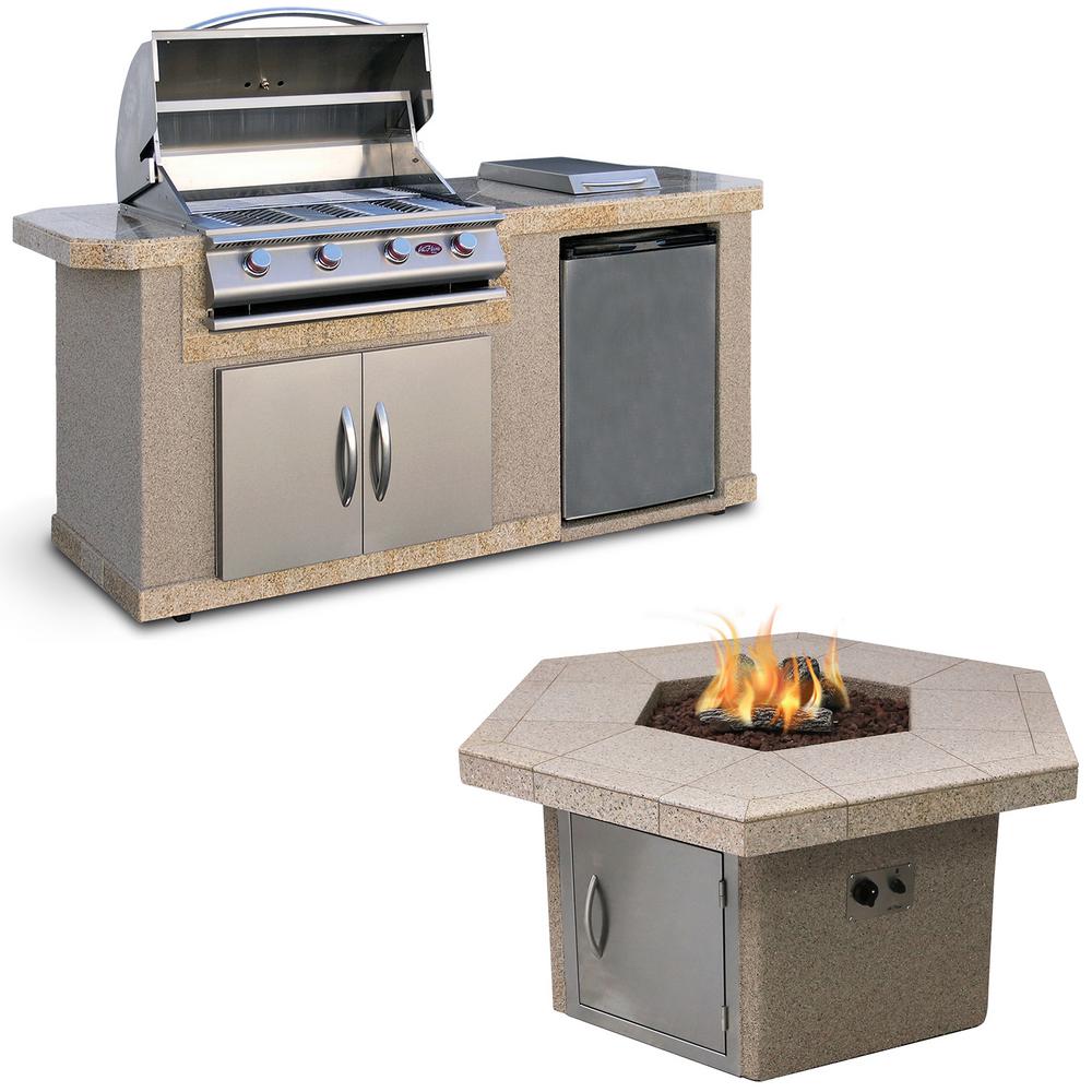Cal Flame 7 ft. Stucco Grill Island with 4-Burner Gas Grill in Stainless Steel and Firepit For Sale