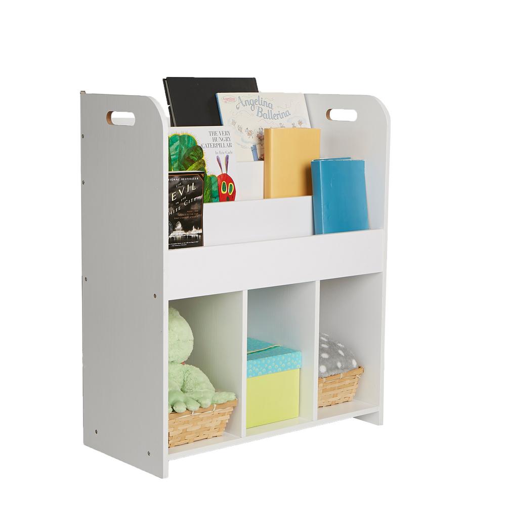 White Wood Book Shelf And Cubby Book Organizer With Toy Bins