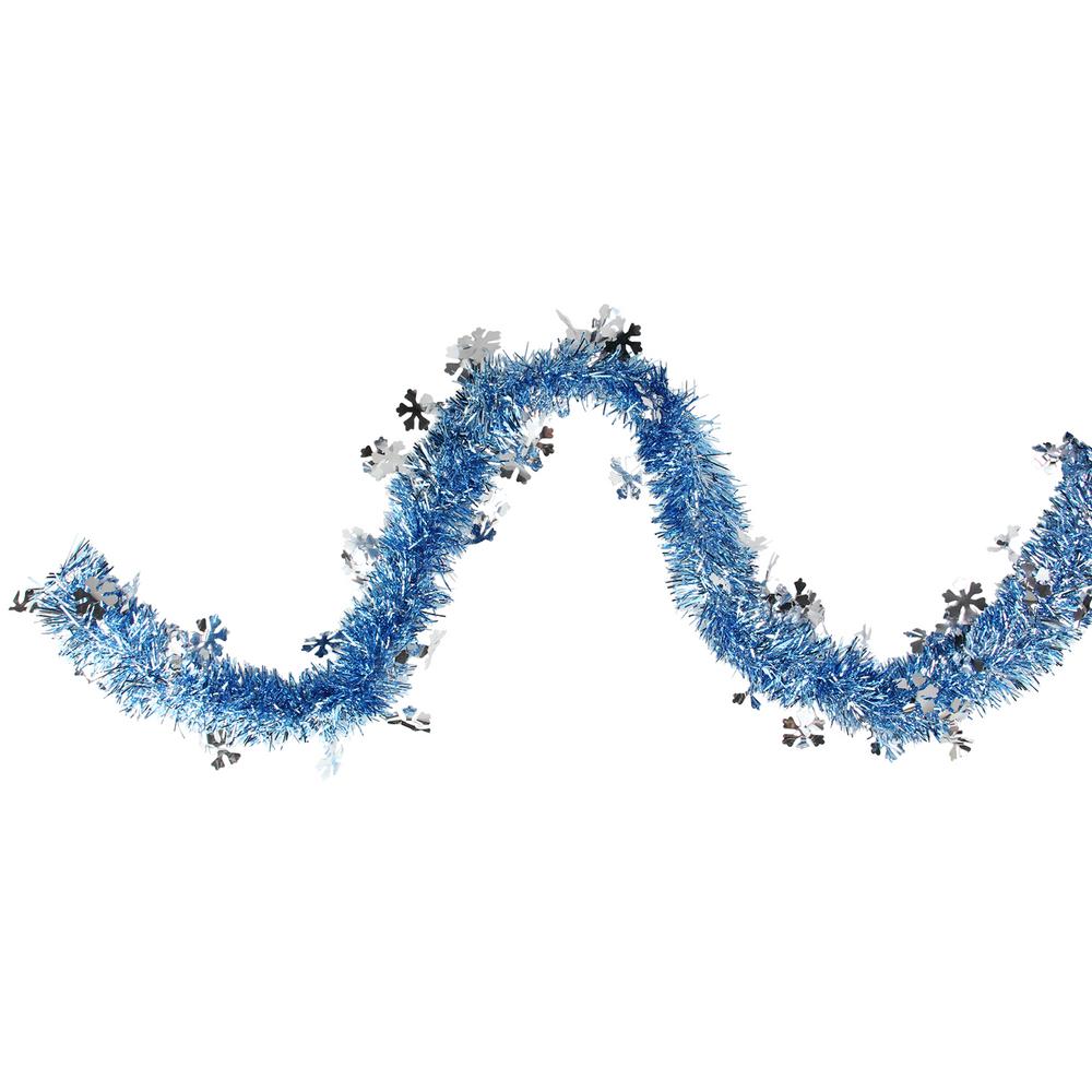 Northlight 12 Ft Unlit Blue With Silver Snowflakes Christmas Tinsel Garland The Home Depot