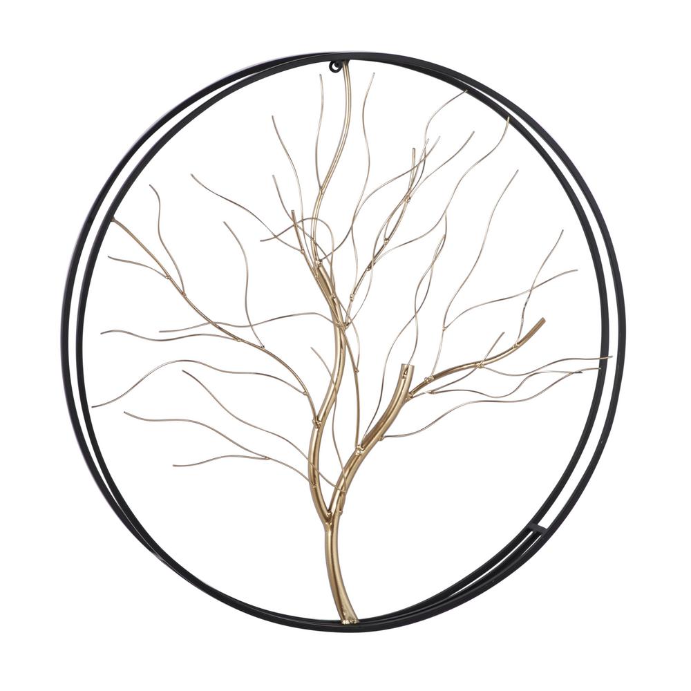 Litton Lane 26 In D Large Round Glam Metal Wall Decor W Black Metal Frame And Tree Metal Art 46286 The Home Depot