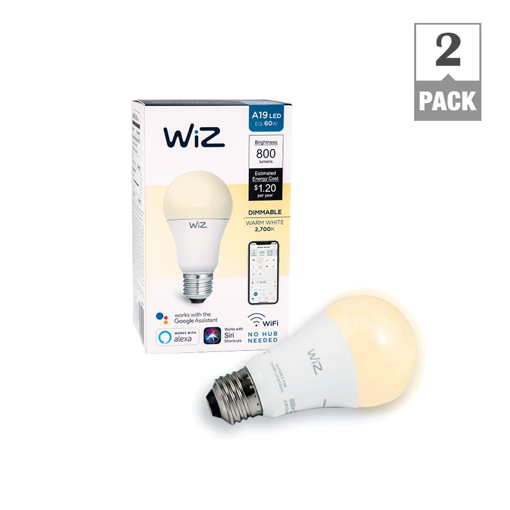 Wiz 60w Equivalent A19 Dimmable White Wi Fi Connected Smart Led Light Bulb 2700k 2 Pack 9544