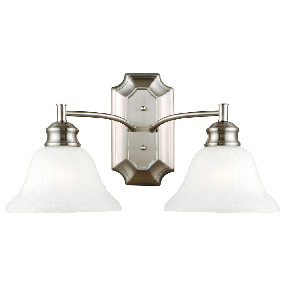 Design House Bristol 2 Light Satin Nickel Wall Mount Bath Vanity Light Alabaster Glass Shades 517086 The Home Depot