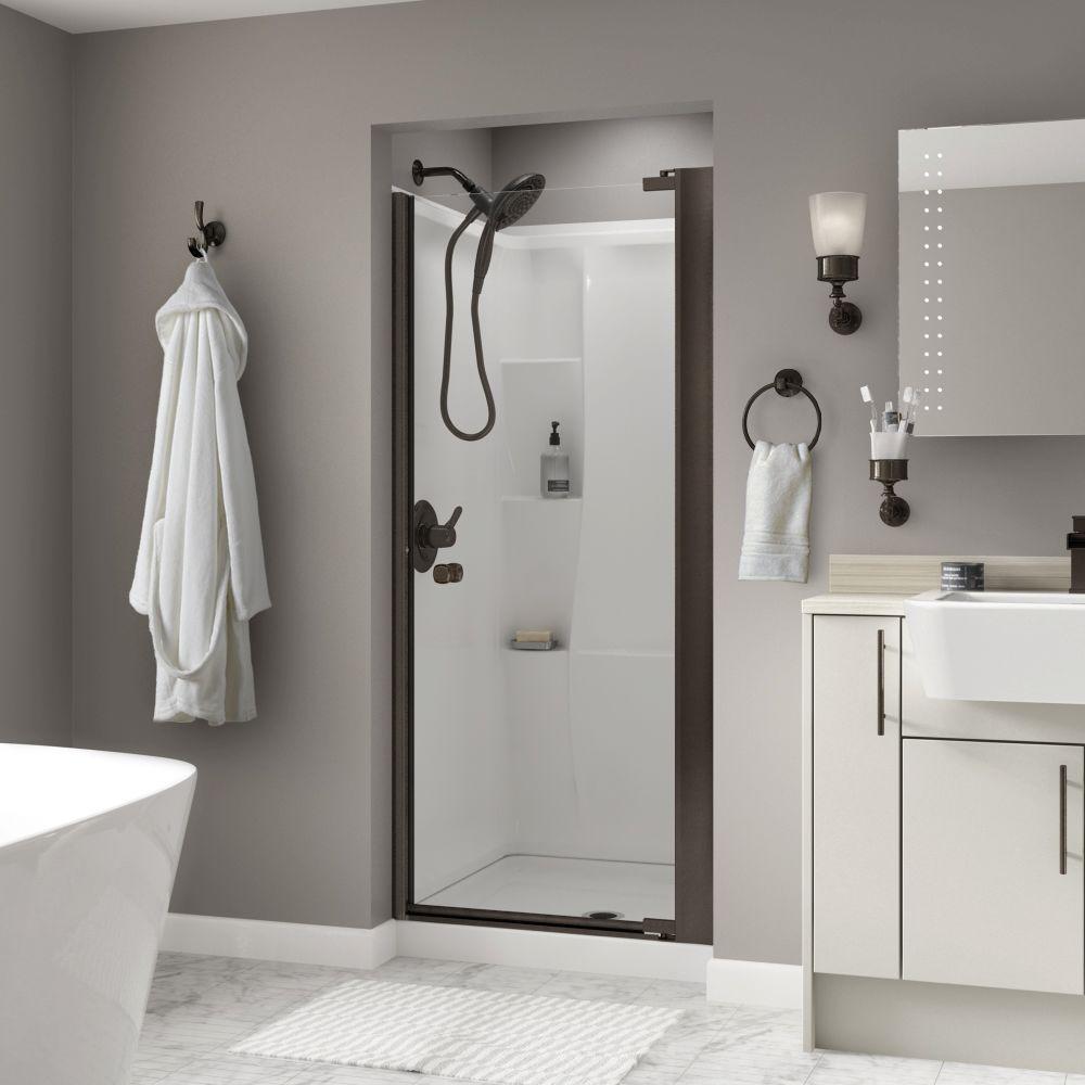 Delta Mandara 36 In X 64 3 4 Semi Frameless Contemporary Pivot Semi Frameless Contemporary Pivot Shower Door In Bronze With Clear Glass