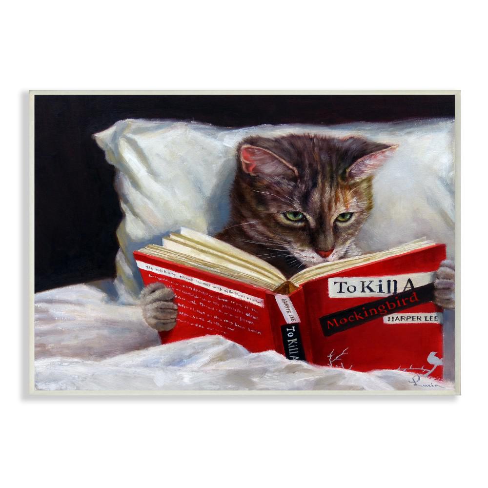 Stupell Industries 10 in. x 15 in. "Cat Reading a Book in Bed ...