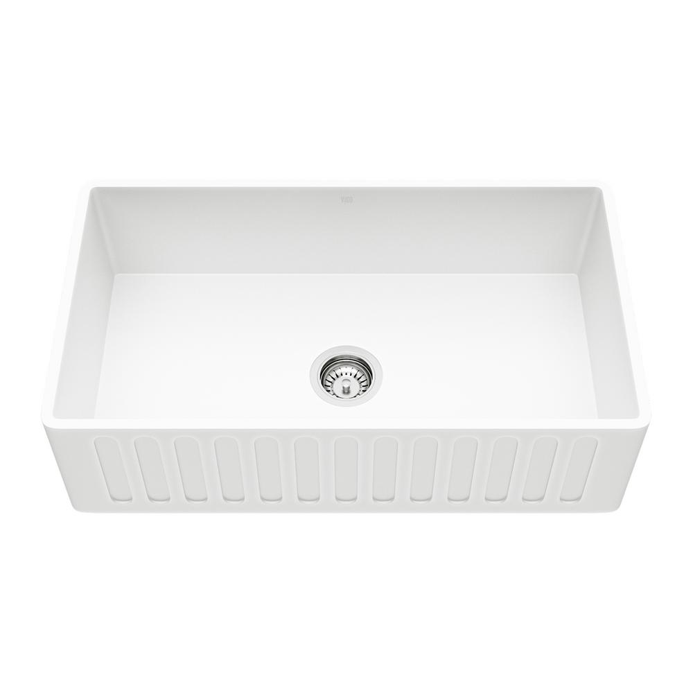 Vigo Matte Stone Farmhouse Composite 33 In 0 Hole Single Bowl Kitchen Sink With 1 Strainer In Matte White