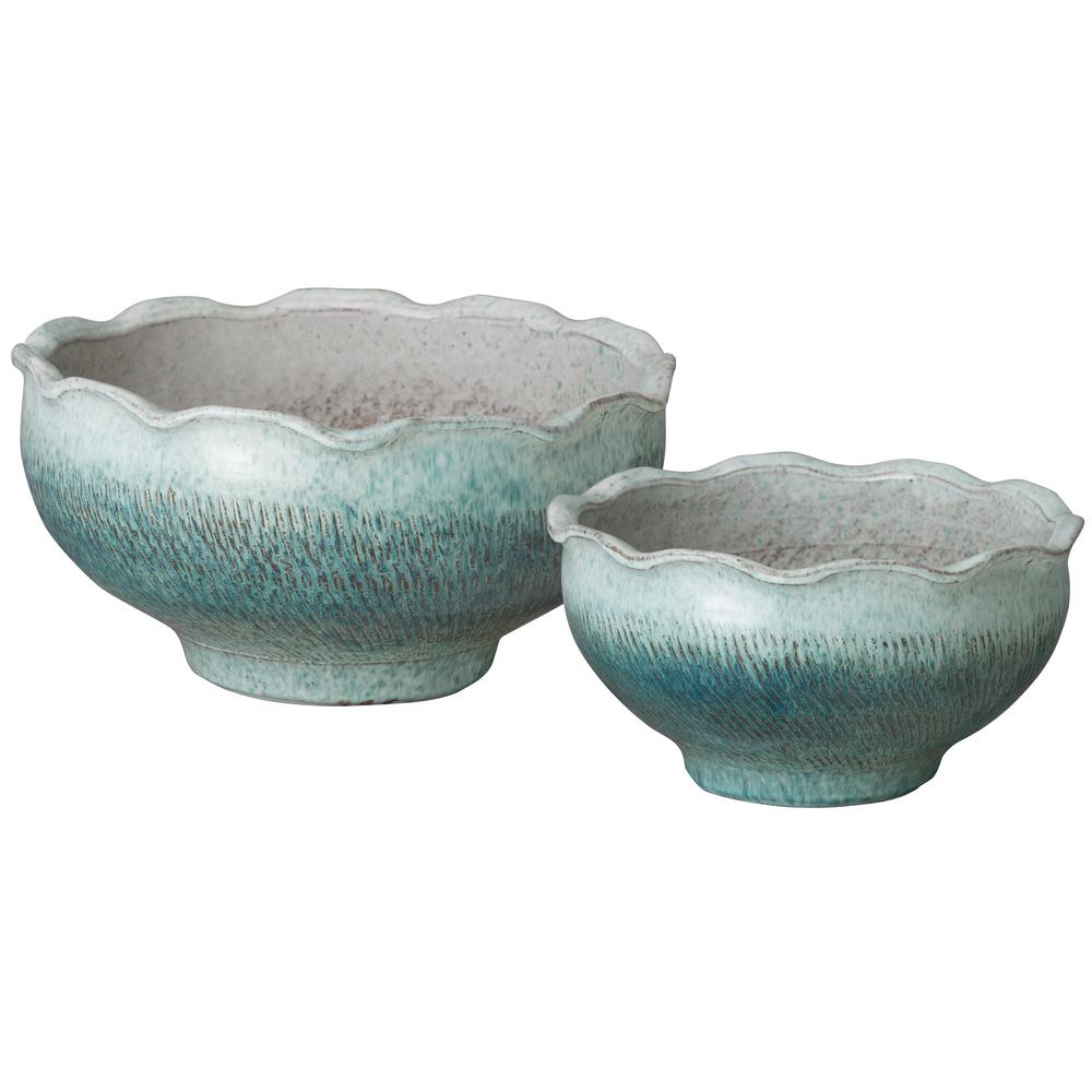 Emissary Scallop Blue Lotus Coastal Splash Ceramic Bowls (Set of 2)