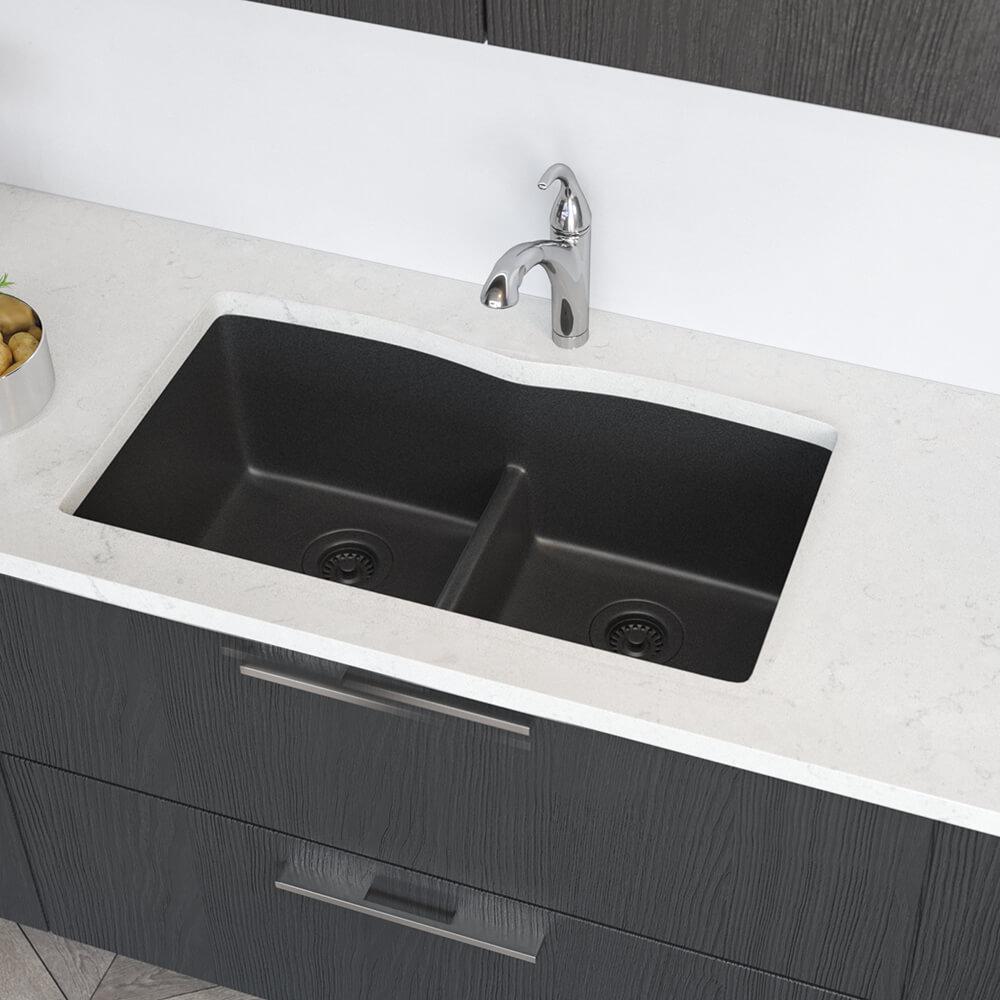34 ALFI brand AB3420UM-BLA Undercount Double Bowl Granite Composite Kitchen Sink Black