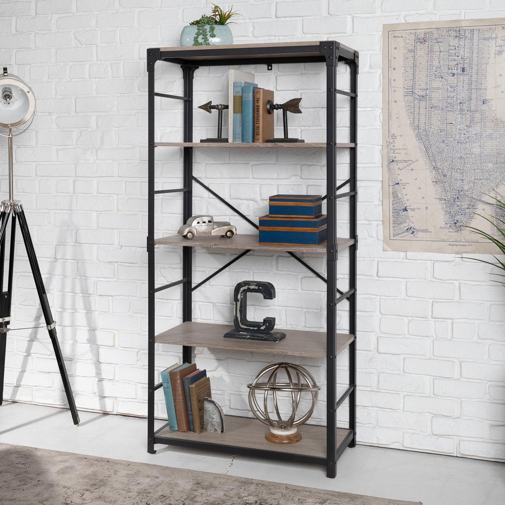 Walker Edison Furniture Company 64 in. Barnwood/Black Metal 4shelf