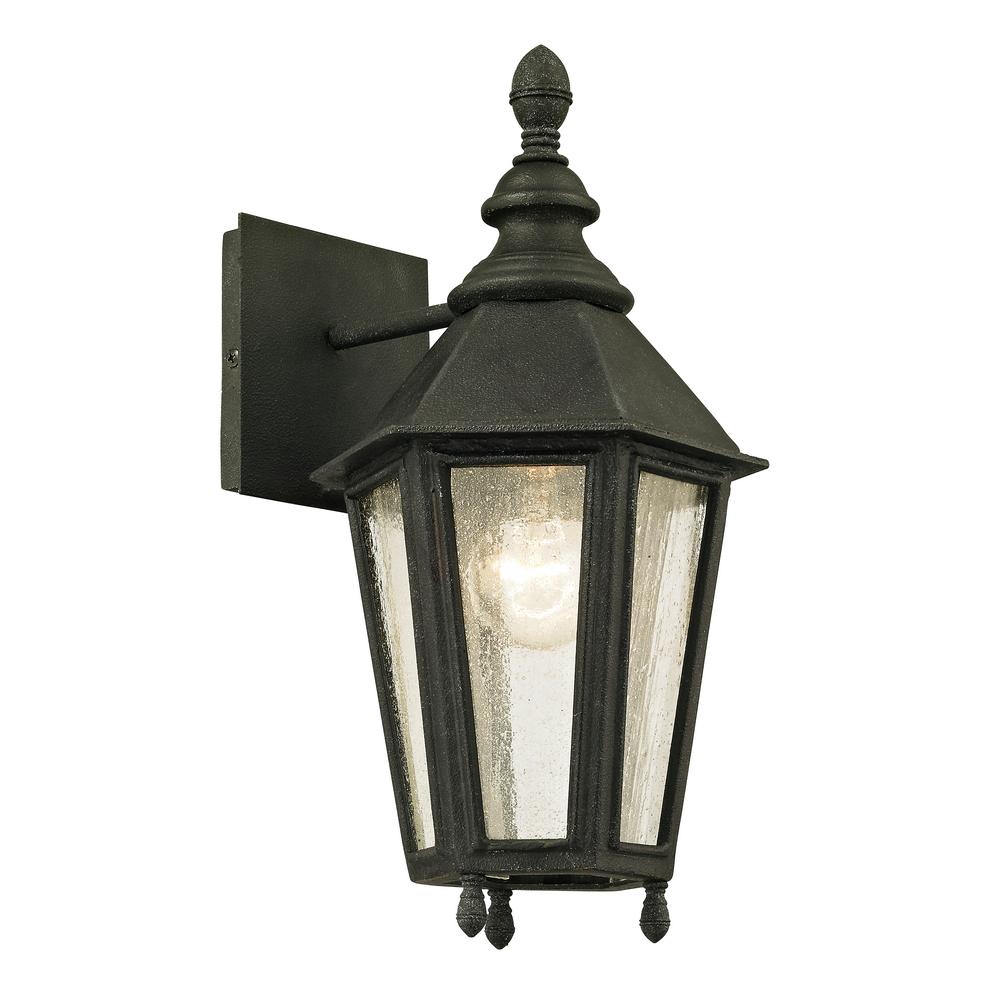 Troy Lighting Black Waterproof Outdoor Wall Mounted Savannah 1 Light Vintage Iron 14 75 In H Outdoor Wall Mount Sconce With Clear