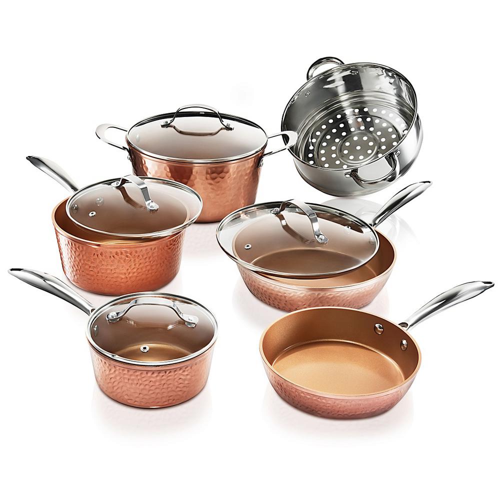 Gotham Steel Hammered Copper 10 Piece Aluminum Non Stick Cookware Set With Glass Lids 2304 The Home Depot,Roundworms In Dogs Diarrhea