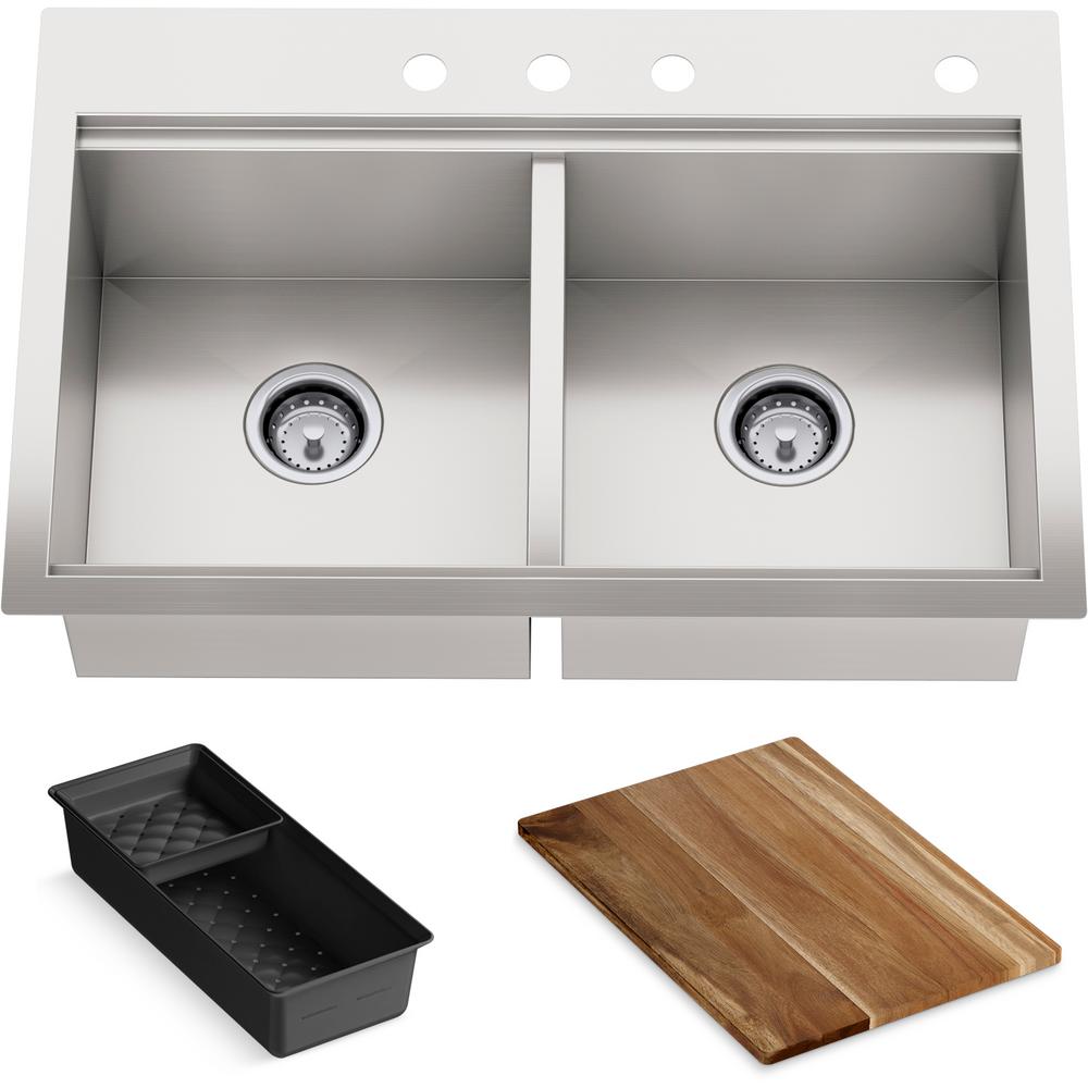 Kohler Lyric Dual Mount Workstation Stainless Steel 33 In 4 Hole Double Bowl Kitchen Sink With Integrated Ledge And Accessories K Rh23376 4pc Na The Home Depot