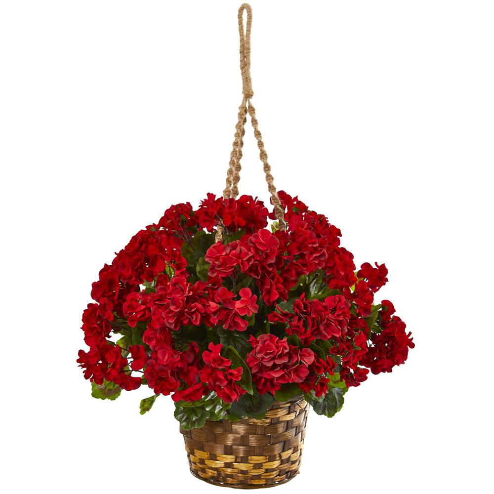 Nearly Natural 19 In Uv Resistant Indoor Outdoor Geranium Hanging Uv Resistant Indoor Outdoor Geranium Hanging Basket Artificial Plant