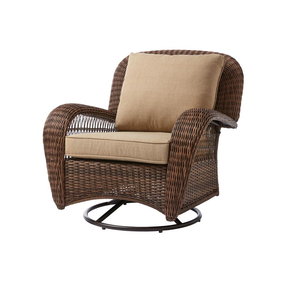 Hampton Bay Beacon Park Brown Wicker Outdoor Patio Swivel Lounge Chair With Standard Toffee Trellis Tan Cushions