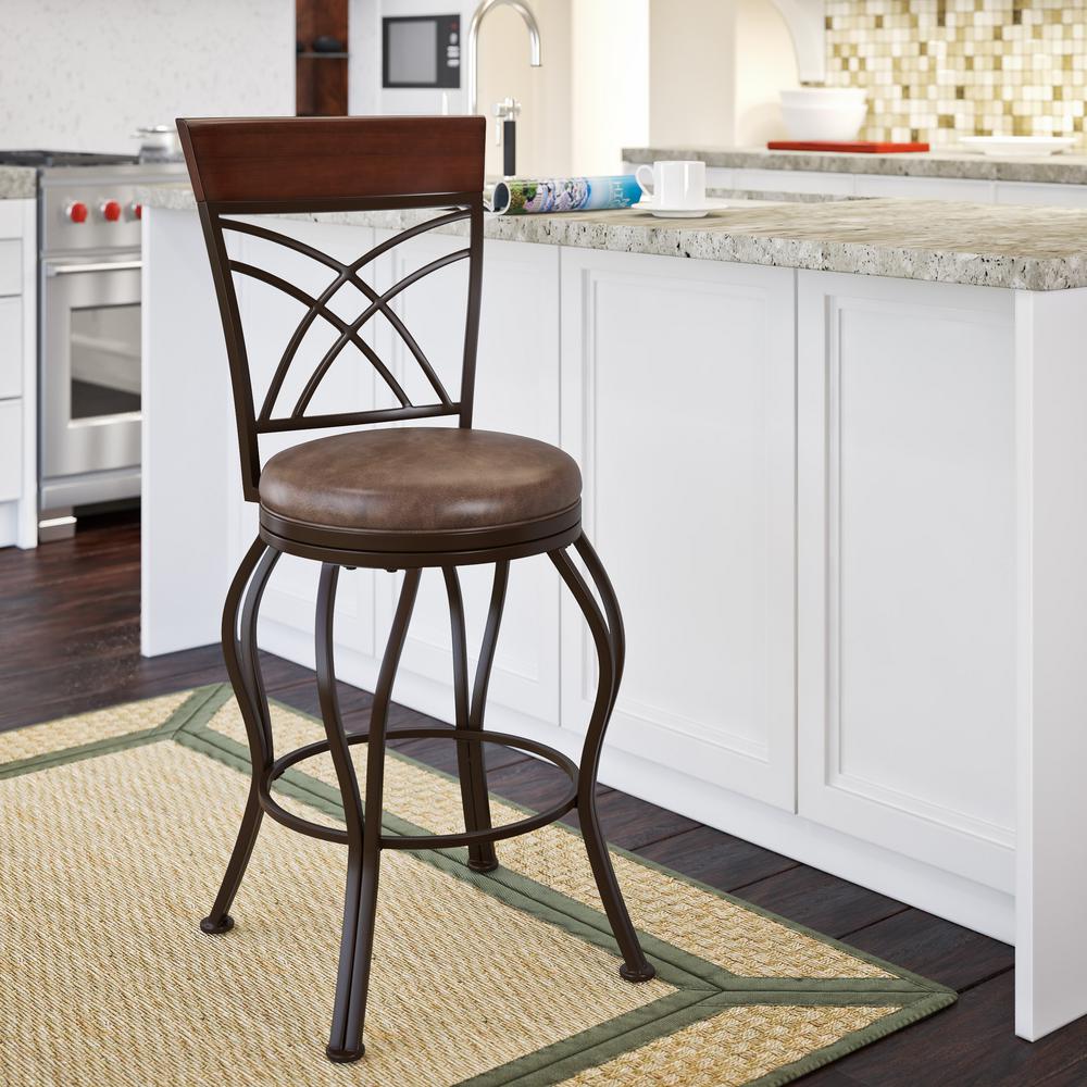 CorLiving Jericho 26 inch Metal Bar Stool with Swivel Rustic Brown Bonded Leather Seat