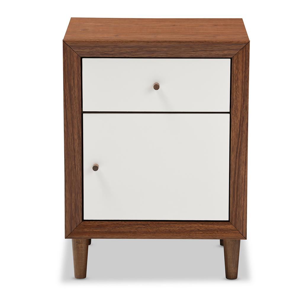 Baxton Studio Harlow 1 Drawer White And Medium Brown Wood Nightstand 28862 6783 Hd The Home Depot