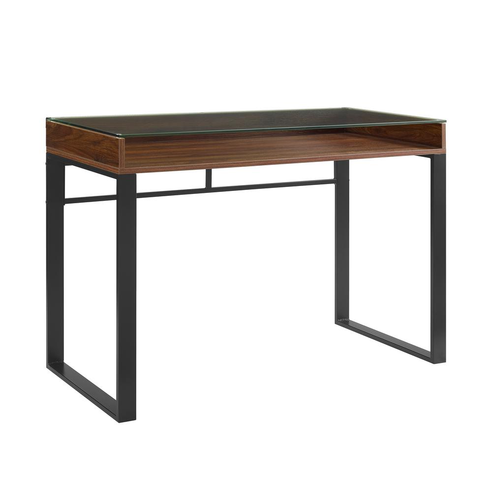 42 inch Dark Walnut and Black Modern Glass Top Desk
