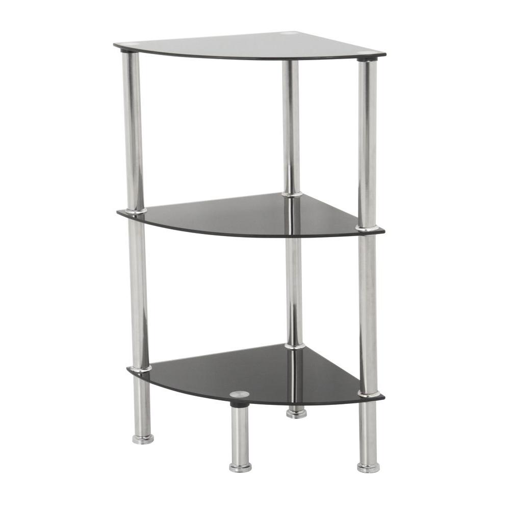 11 8 In W X D Black Glass And Chrome Corner 3 Tier Shelving Unit