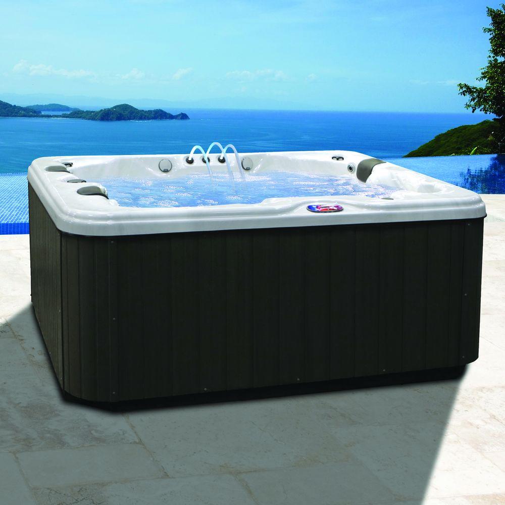 American Spas 3 Person 34 Jet Premium Acrylic Lounger Spa Hot Tub With Bluetooth Stereo System Subwoofer And Backlit Led Waterfall