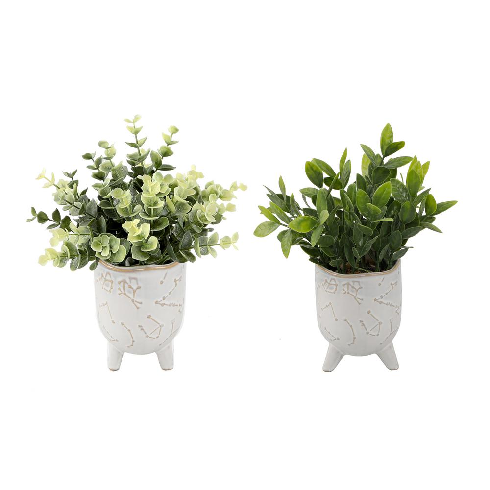 Flora Bunda 8 In H Faux Eucalyptus And Tea Leaf In 3 In Ivory Constellation Footed Ceramic Planter Set Of 2 Cs4749e2 Ivory The Home Depot