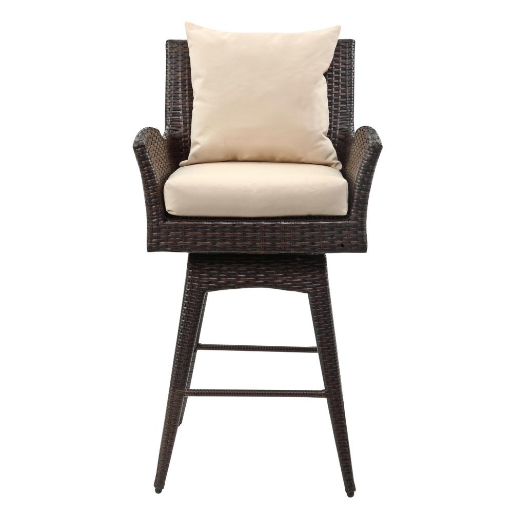Safavieh Hayes Brown Wicker Outdoor Bar Stool with Beige Cushion