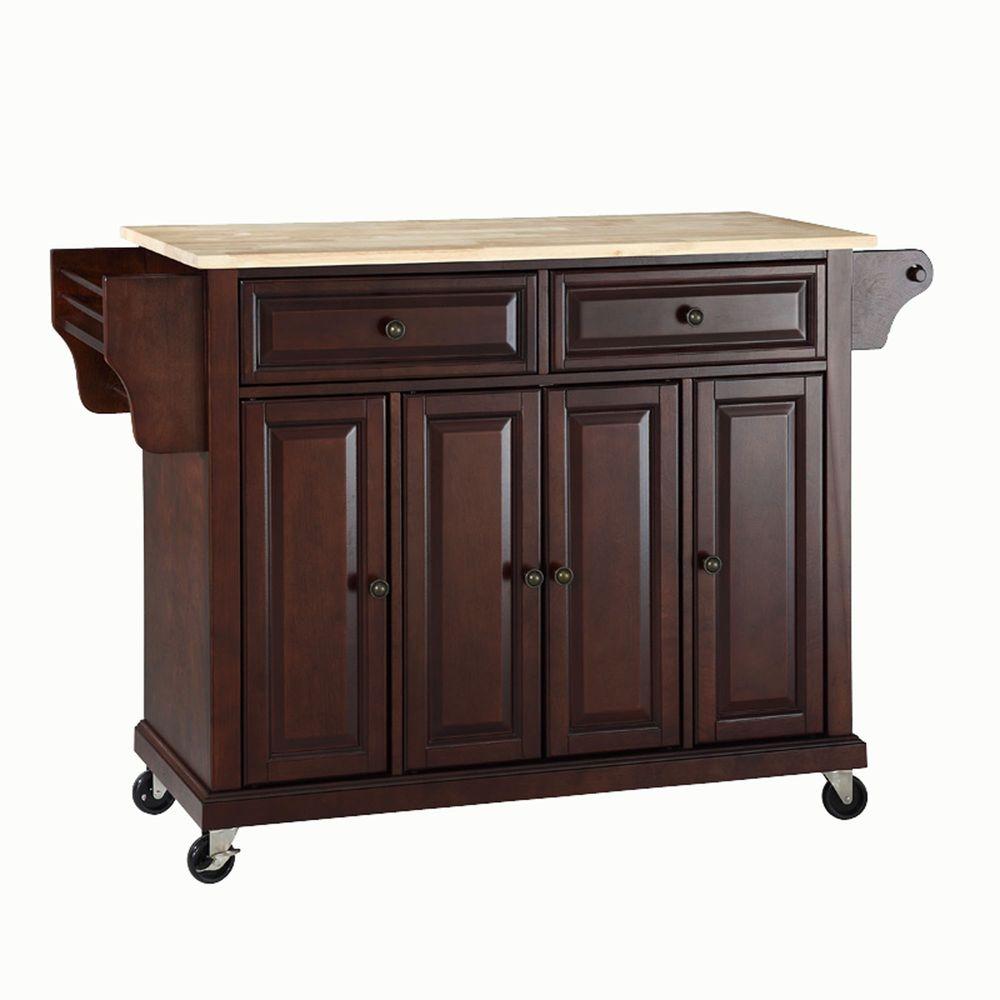 Crosley Full Size Mahogany Kitchen Cart With Natural Wood Top Kf30001ema The Home Depot