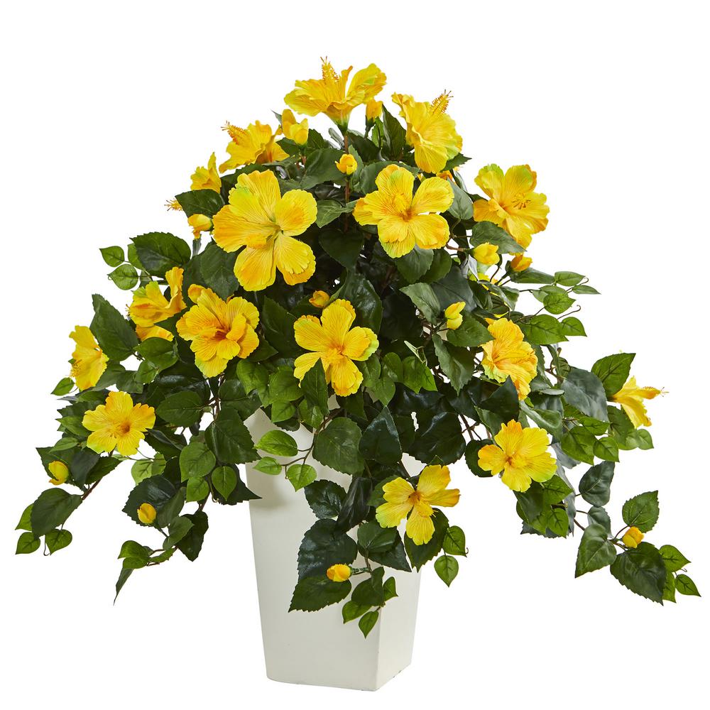 Nearly Natural Hibiscus Artificial Plant In White Tower Planter-6364-YL ...